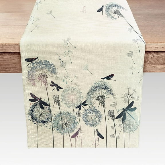 Rustic Dandelion and Dragonfly Table Runners, Summer Fall Farmhouse Linen Table Runner, Washable Kitchen Dinint Room Table Decor Cloth for Holiday Party Indoor Outdoor13X90 IN