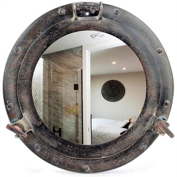Rustic Dark Black Patina Porthole | Vintage Ship Decor Mirror | Pirate Gift | Black Chick Stylish Old Fashioned Wall & Door Fixtures Windows (Reflective Mirror, 12 Inches)