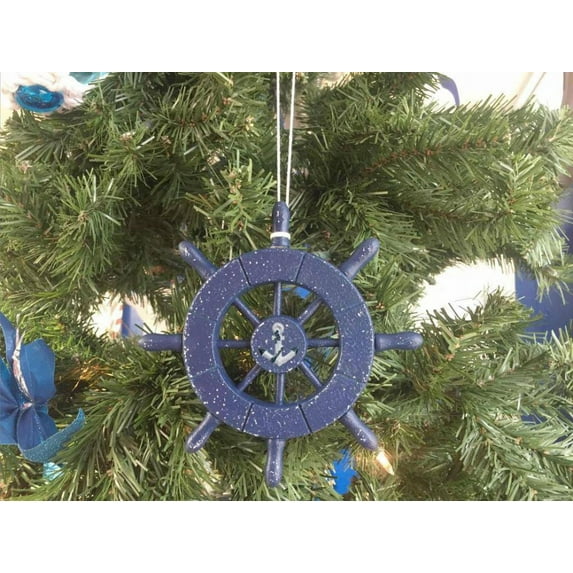 Rustic Dark Blue Decorative Ship Wheel With Anchor Christmas Tree Ornament 6" - Christmas Tree Decoration - Nautical Decorating