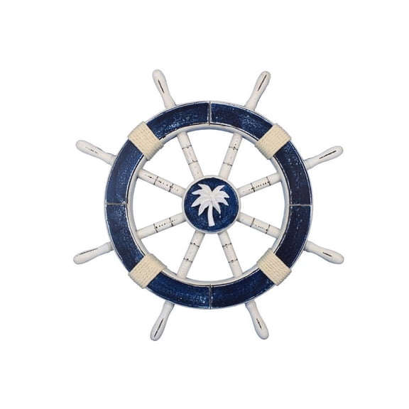 Rustic Dark Blue Ship Wheel with Palm Tree 18" - Palm Tree Decoration