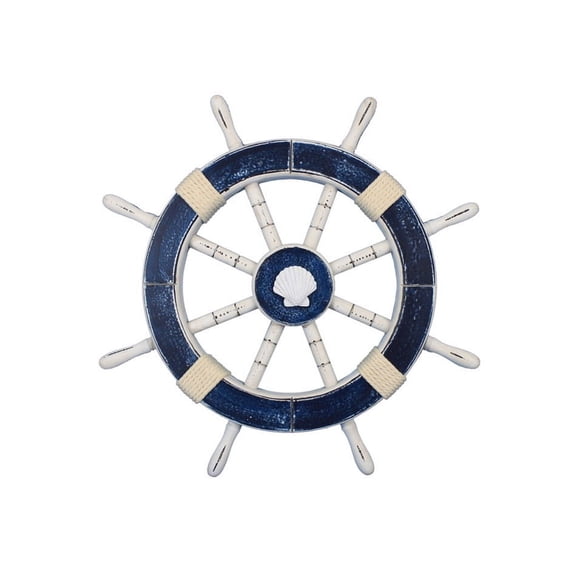 Rustic Dark Blue Ship Wheel with Seashell 18" - Shell Decoration
