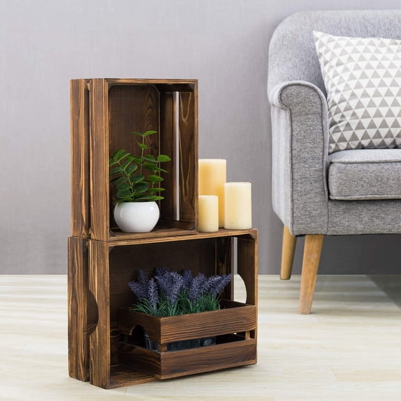 Rustic Dark Brown Solid Wood Storage Organizer Box with Handle, 3 Piece Various Size Decorative Nesting Crate