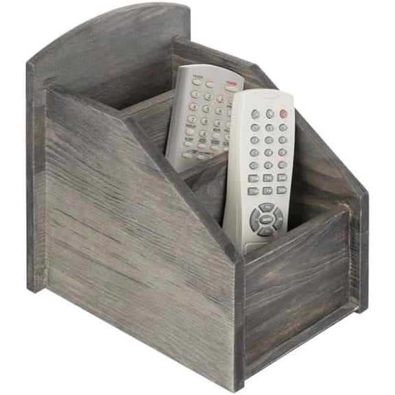 Rustic Dark Gray Wood Remote Control Holder Organizer Caddy with 3 Compartments, TV & Media Remote Storage Box for Living Room