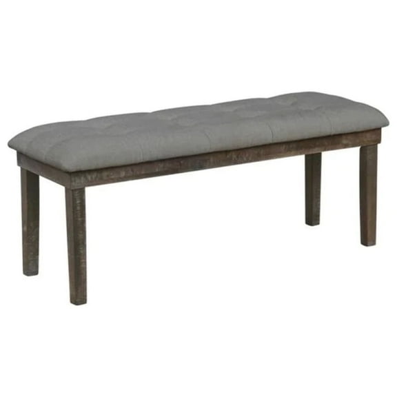Rustic Dark Oak Dining Bench Upholstered with Gray Linen Fabric