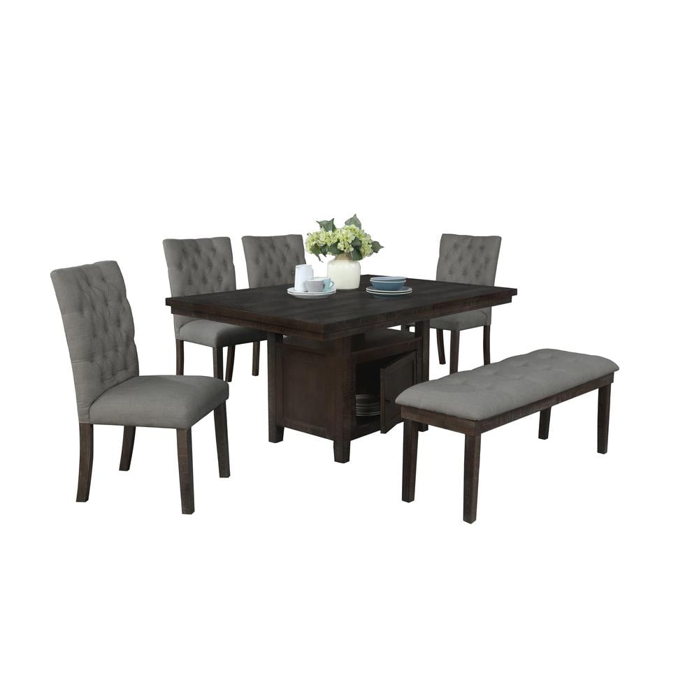 Rustic Dark Oak Wood 6pc Dining Set with Table + Gray Linen Chairs + Bench