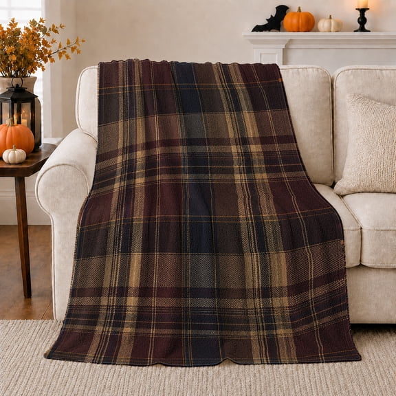 Rustic Dark Plaid Flannel Blanket, Brown Black Burgundy Gold Check Pattern for Sofa Couch Bed Living Room Bedroom Cabin Home Decor Holiday Gift for Lodge Lovers