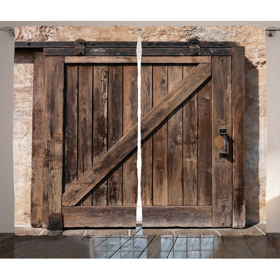 Rustic Decor Curtains 2 Panels Set, Aged Sliding Door with Rustic Texture Authentic Vintage Architectural Rural Decorative Print, Living Room Bedroom Accessories, 108 X 90 Inches, by Ambesonne