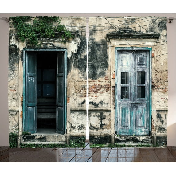 Ambesonne Rustic Curtains 2 Panel Set, Doors of Old Rock House, 108" x 90", Teal Grey