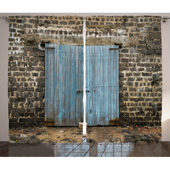 Ambesonne Rustic Curtains 2 Panel Set, Medieval Stone Wall, 108" x 84", Blue Grey