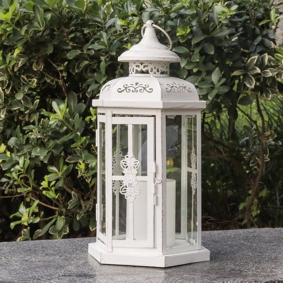 Rustic Decorative Lanterns 12" H Medium Candle Lantern Vintage Metal Candle Holder for Indoor Outdoor White with Gold Brush