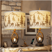 Rustic Deer Antler Table Lamp Set of 2 Farmhouse Bedside Lamp with USB Ports Linen Fabric Shade for Living Room Bedroom Office House Hotel