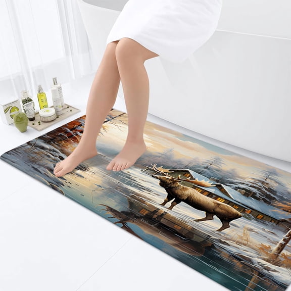 Rustic Deer Bathroom Rugs, Elk Moose Country Hunting Wild Animal Lodge Forest Bathroom Rugs Set, Adventure Woodland Cabin Farmhouse Bathroom Rug Mat 17X48inch, Extra Soft and Absorbent Bath Rugs