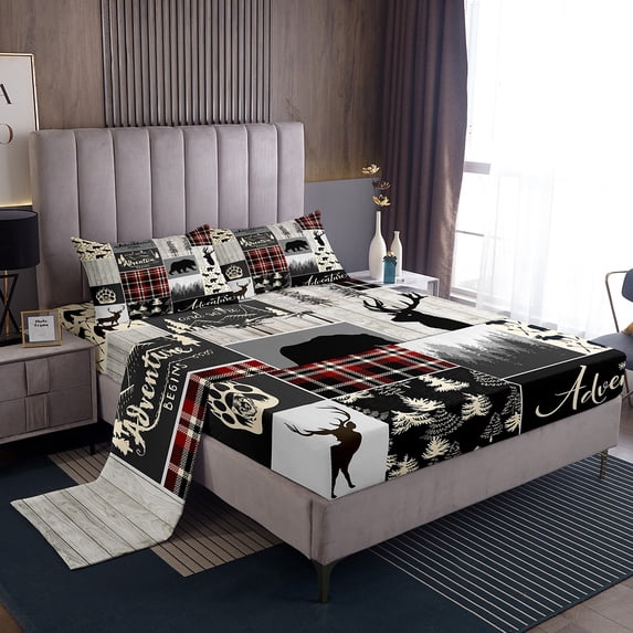 Rustic Deer Bear Bed Sheets Set, Rustic Lodge Patchwork Sheets Full, Vintage Woodland Animal Sheet Set Adventure Camping Buffalo Plaid Flat Fitted Sheet Farmhouse Decorations, Gray Black