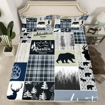 Rustic Deer Bear Bedding Set, Country Farmhouse Bed Sheets Cabin Lodge Decor, Adventure Camping Grid Claw Fitted Sheet Woodland Wild Animal Vintage Sheets Teens Adult, Twin