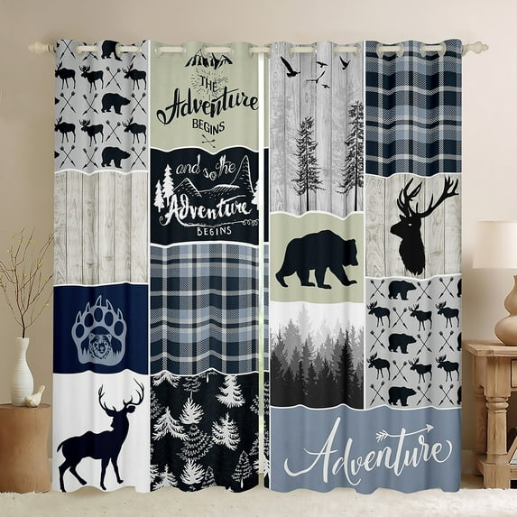 Rustic Deer Bear Blackout Curtains, Country Farmhouse Curtains & Drapes Cabin Lodge Decor, Adventure Camping Grid Claw Curtains Woodland Wild Animal Vintage Window Treatments, 42"Wx84"L 2 Panels