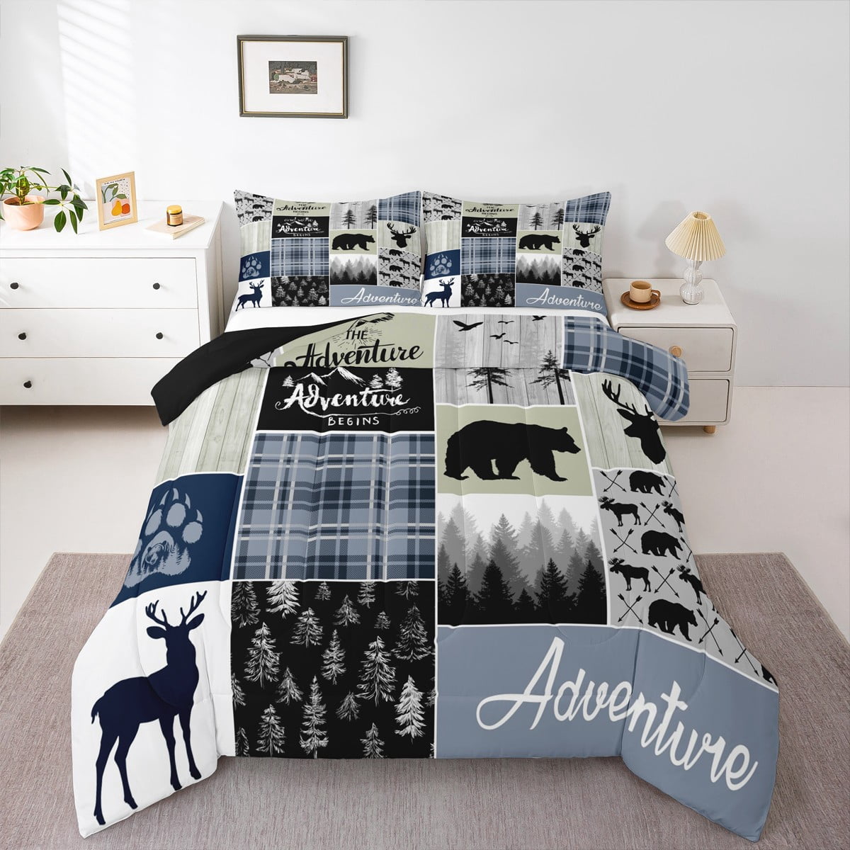 Rustic Deer Bear Comforter Set, Country Farmhouse Bedding Cabin Lodge Decor, Adventure Camping Grid Claw Bedding Comforter Sets Woodland Wild Animal Vintage Duvet Insert Teens Adult, Twin
