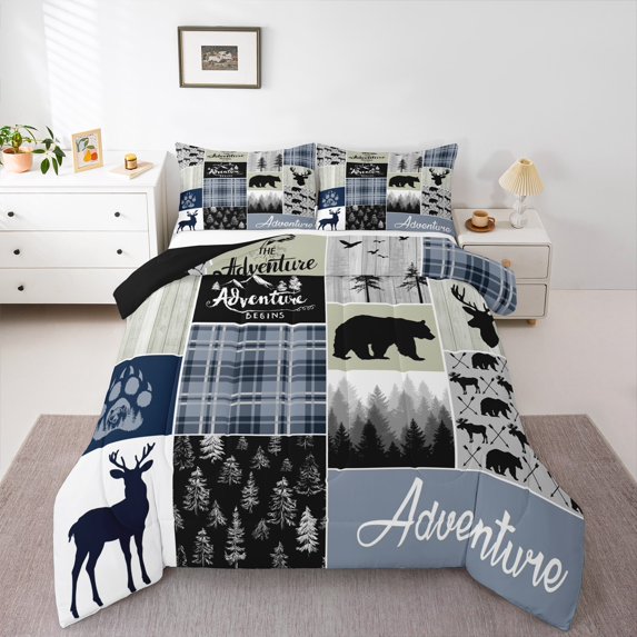 Rustic Deer Bear Comforter Set, Country Farmhouse Bedding Cabin Lodge Decor, Adventure Camping Grid Claw Bedding Comforter Sets Woodland Wild Animal Vintage Duvet Insert Teens Adult, King