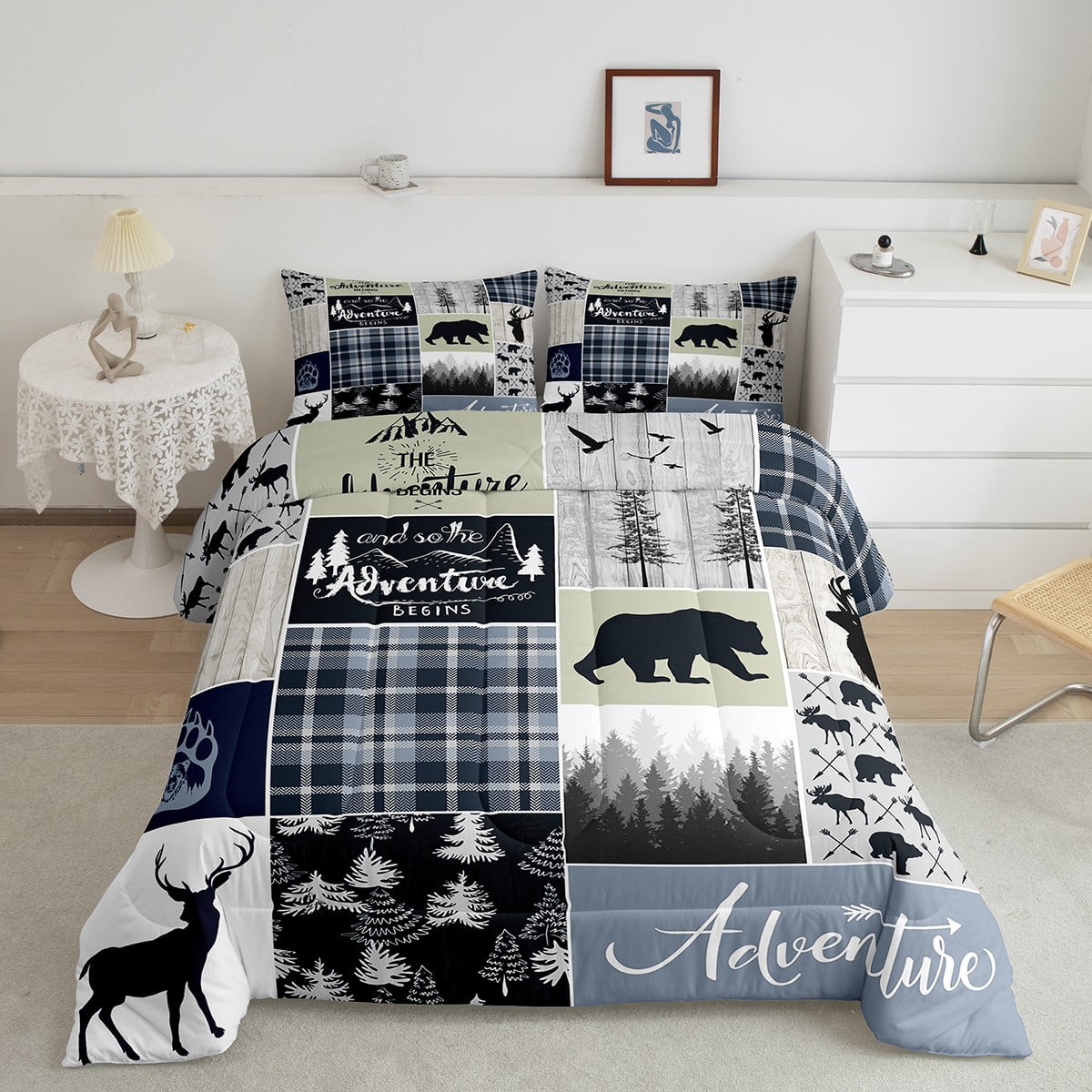 Rustic Deer Bear Comforter Set, Country Farmhouse Bedding Cabin Lodge