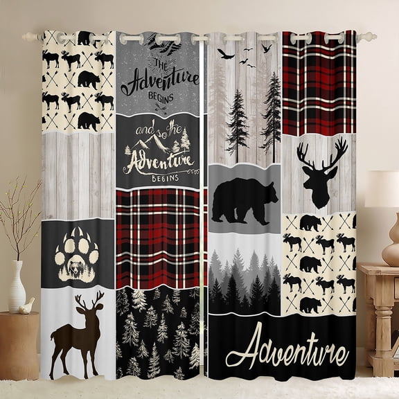 Rustic Deer Bear Curtains , Rustic Lodge Patchwork 30%-50% Blackout Curtains Vintage Woodland Animal Curtains & Drapes 42"Wx63"L, Adventure Camping Buffalo Plaid Window Curtains Farmhouse Decorations