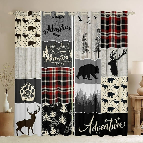 Rustic Deer Bear Curtains , Rustic Lodge Patchwork 30%-50% Blackout Curtains Vintage Woodland Animal Curtains & Drapes 52"Wx84"L, Adventure Camping Buffalo Plaid Window Curtains Farmhouse Decorations