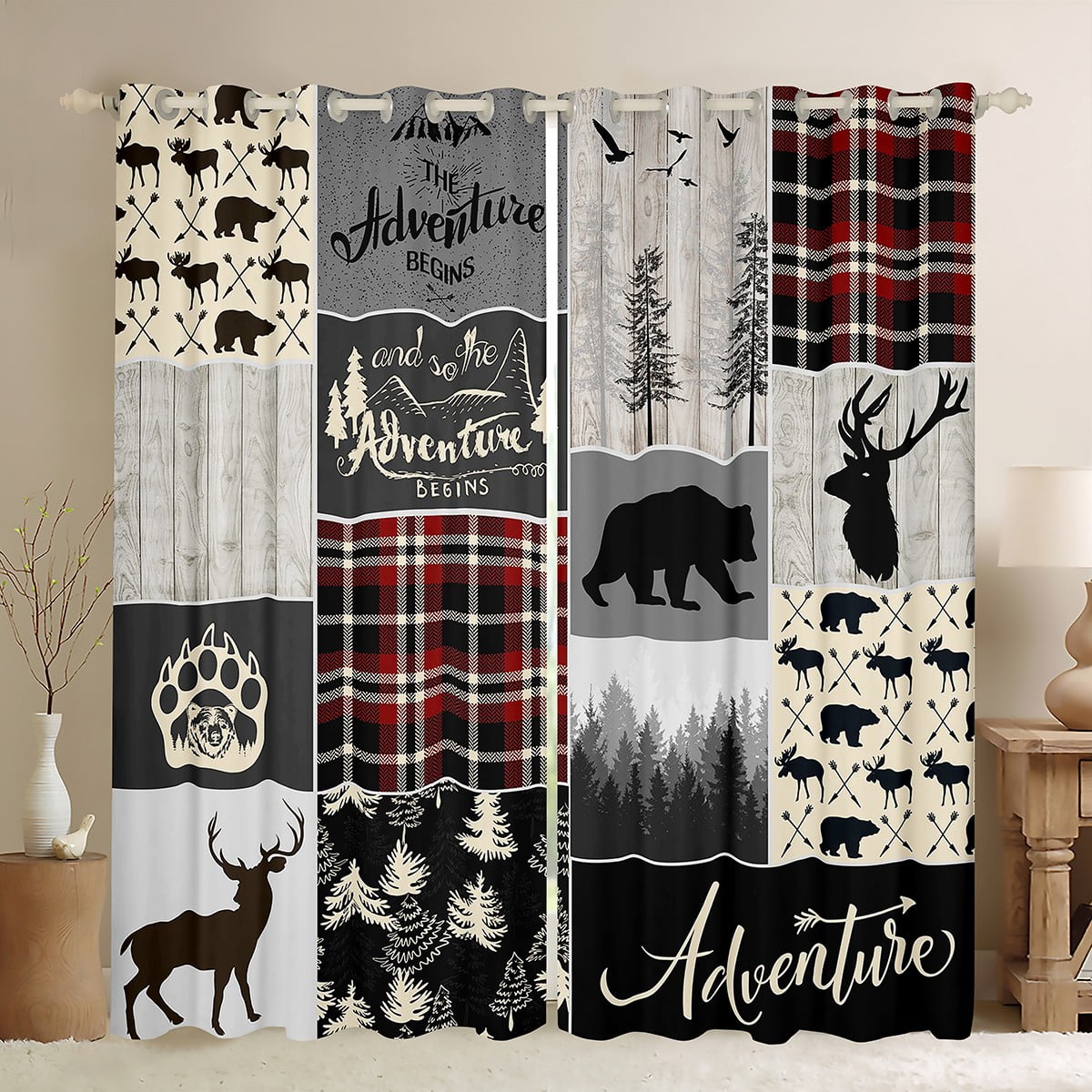 Rustic Deer Bear Curtains For Boys, Rustic Lodge Patchwork Blackout ...