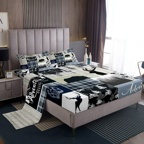 Rustic Deer Bear Sheets, Country Farmhouse Sheet Set Cabin Lodge Decor, Adventure Camping Grid Claw Bed Sheets Set Woodland Wild Animal Vintage Bedding Set For Kids Teens Adult, Twin