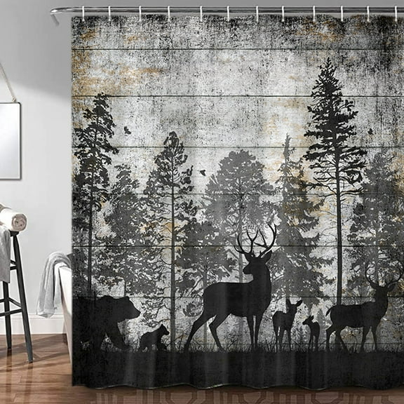 Rustic Deer Bear Shower Curtain, Farmhouse Country Cabin Forest Tree Animal Shower Curtain, Vintage Wood Hunting Waterproof Fabric Bathroom Accessories Set with Hooks, 70X70IN