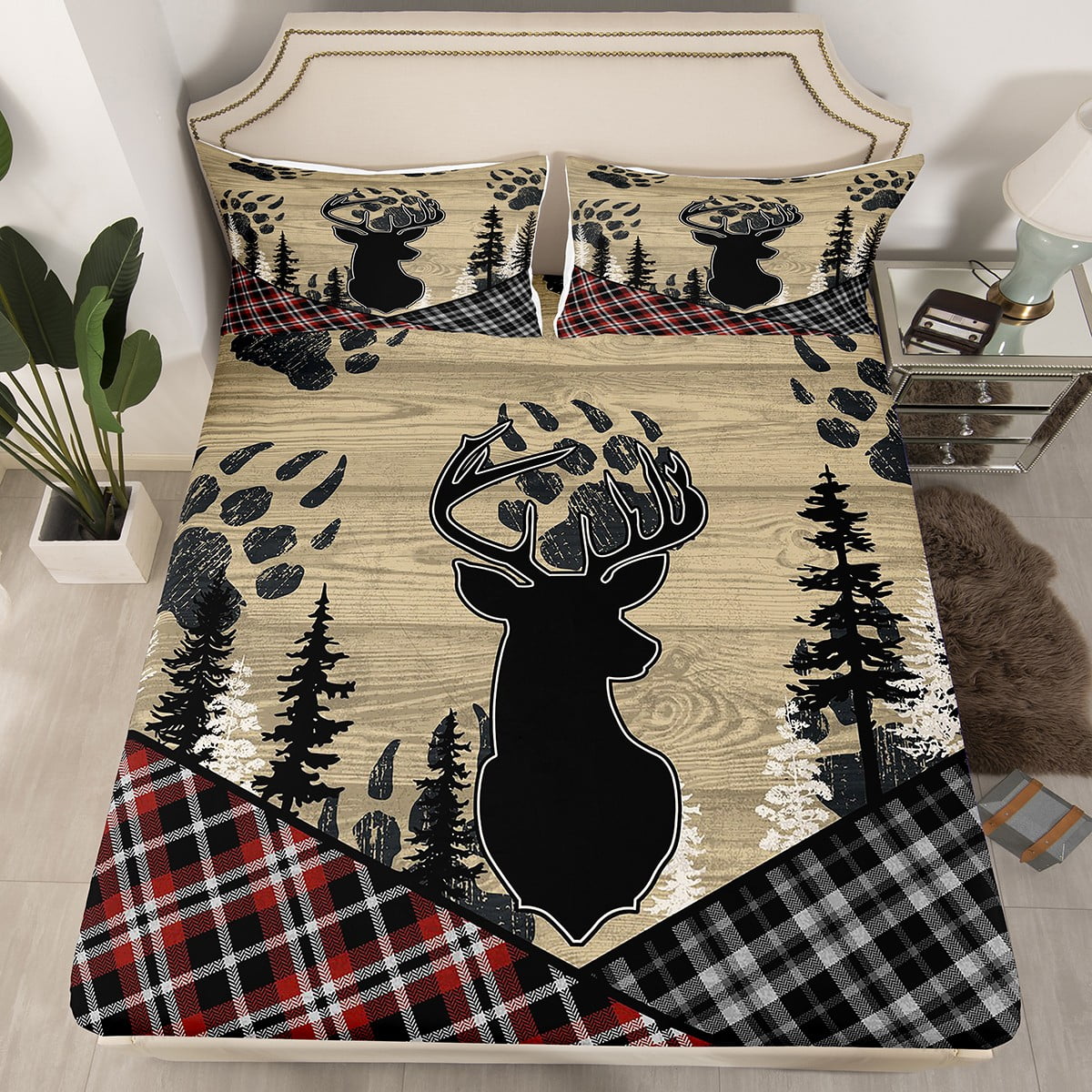 Rustic Deer Bed Sheets Checkered Buffalo Plaid Sheets,Woodland Wildlife