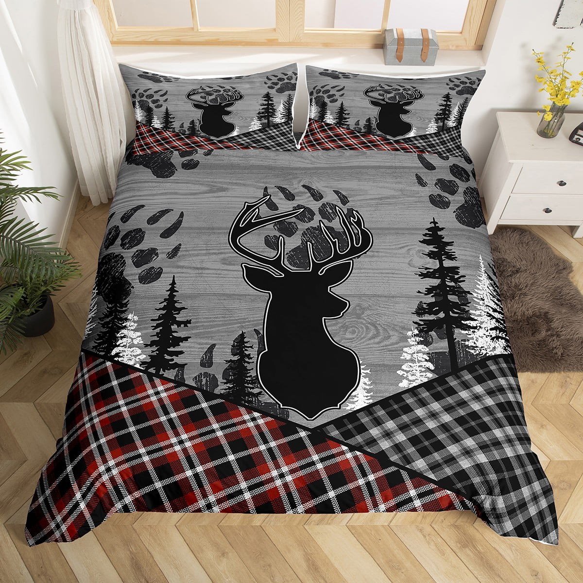 Rustic Deer Bedding Set Checkered Buffalo Plaid Comforter Cover,Woodland Wildlife Reindeer Moose