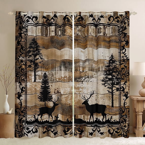Rustic Deer Blackout Curtains 2 Panels 42"Wx63"L,Country Cabin Curtains & Drapes Woodland Elk Moose Pine Trees Window Curtains Reindeer Vintage Wood Plank Farmhouse Decorations
