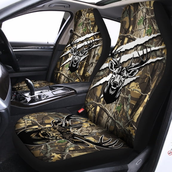 Rustic Deer Camo Car Seat Covers – Woodland Deer Camouflage Auto Seat Covers, Wildlife Forest Design Auto Seat Protector Set