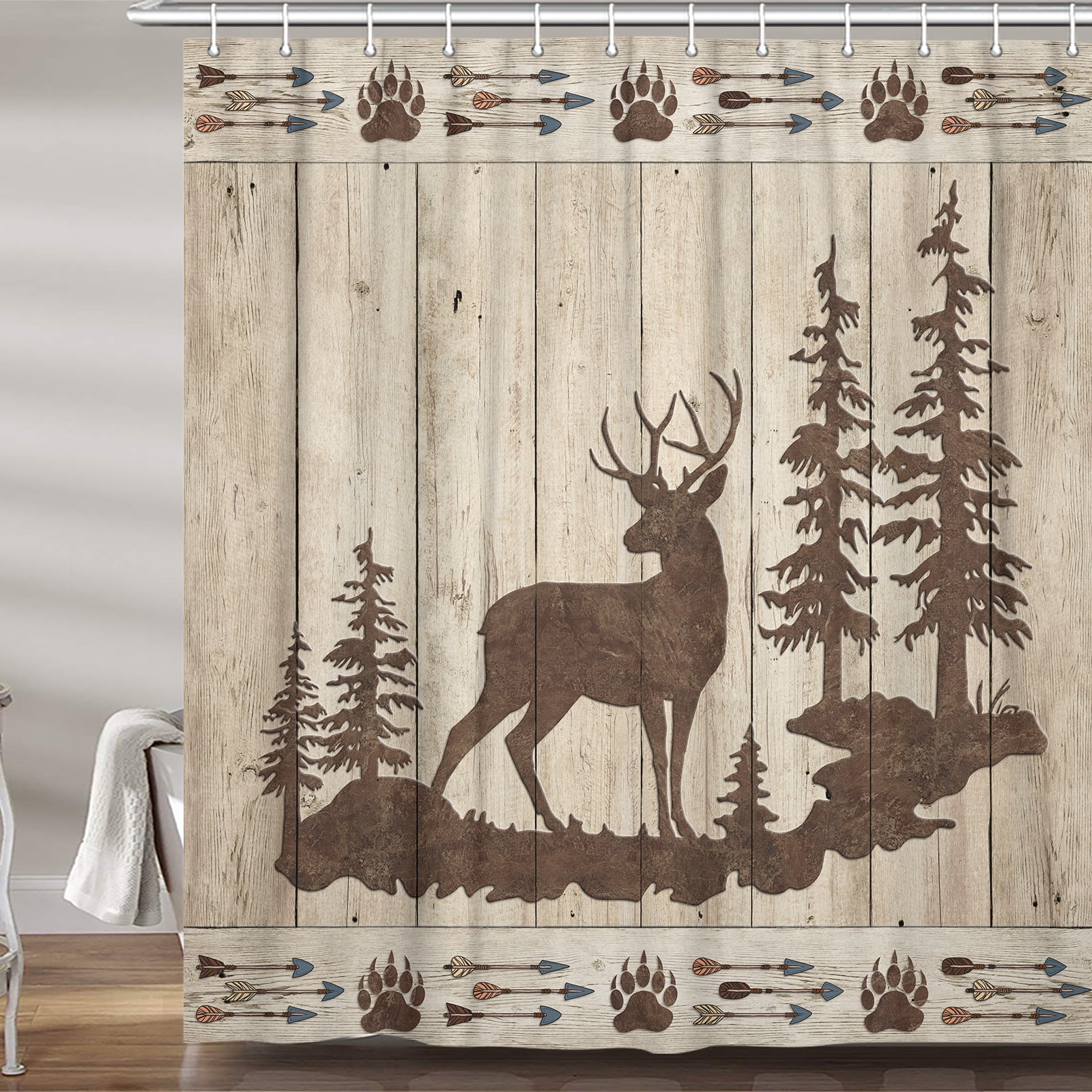 Rustic Deer Camper RV Shower Curtain for Travel Trailer Bathroom, Country Cabin Camping Small Narrow Shorter Fabric Shower Curtains Set, Outdoor Happy Camp Decor Accessories with Hooks 47X64