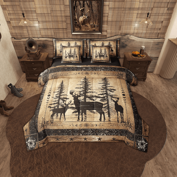 Rustic Deer Comforter Set 7 Piece Farmhouse Cabin Bed In A Bag King Western Woodland Wildlife Bedding Comforter Sets Adults Men Black Retro Country Animal Bed Set