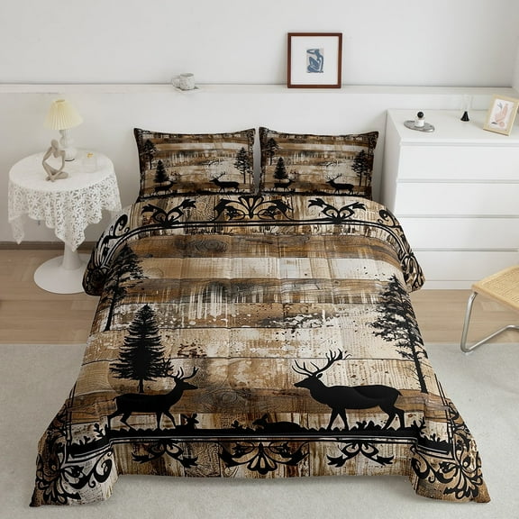 Rustic Deer Comforter Set Queen,Country Cabin Bedding Set Teens Adult Woodland Wildlife Elk Moose Pine Trees Quilt Reindeer Duvet Insert Vintage Wood Plank Farmhouse Decorations