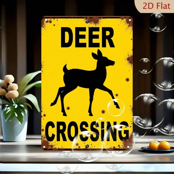 Rustic Deer Crossing Metal Sign - Vintage Yellow Caution Wall Art with Bullet Holes, iron Hunting Cabin Decor, Easy to Hang for Lodge, Country Bar & Outdoor Wall Decor, Distressed Design, 12*8in