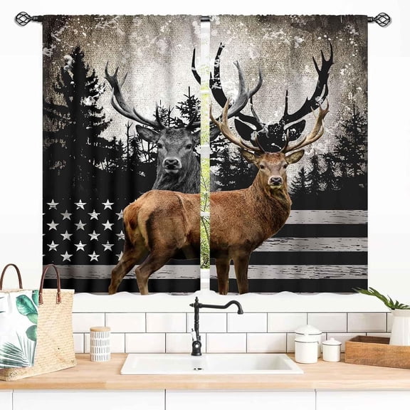 Rustic Deer Curtains, Camo Forest Hunting Deer Elk Moose USA American Flag Farmhouse Rural Country Man Cave Blackout Window Drapes Treatments for Bedroom Living Room 2 Panels Set, 28x40 Inch