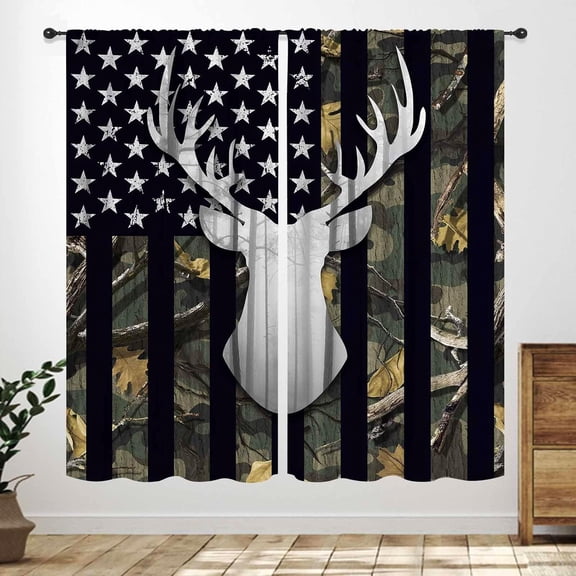 Rustic Deer Curtains,Farmhouse Moose US Flag Vintage Country Cabin Primitive Rural Theme Window Treatment for Bedroom Living Room Kitchen Drapes 42" W x 63" L,2 Panel Set