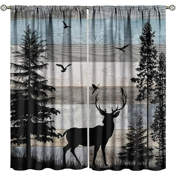 Rustic Deer Curtains, Retro Cabin Farmhouse Country Lodge Blue Brown Wooden Board Forest Animals Deer Bird Print Window Curtains For Living Room Bedroom 42"W x 108"L (Pack of 2)