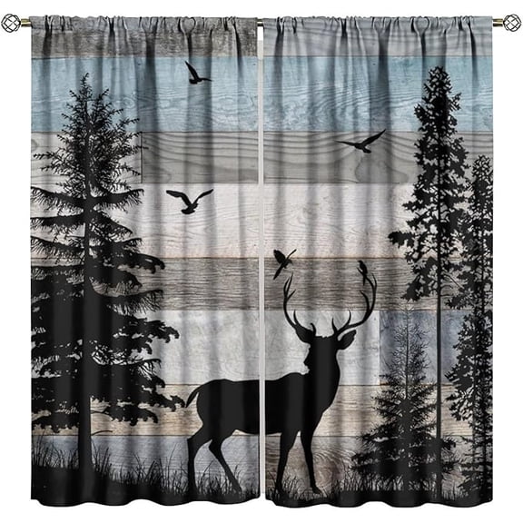 Rustic Deer Curtains, Retro Cabin Farmhouse Country Lodge Blue Brown Wooden Board Forest Animals Deer Bird Print Window Curtains For Living Room Bedroom 53"W x 63"L (Pack of 2)