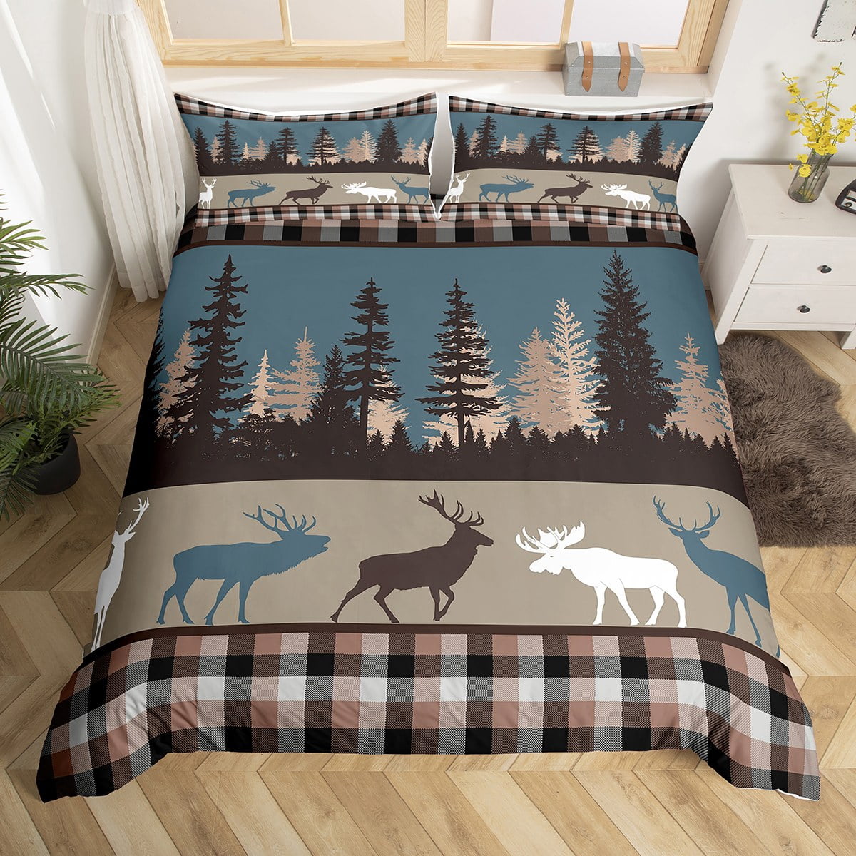 Rustic Deer Duvet Cover Queen,Moose Patchwork Bedding Set for Kids