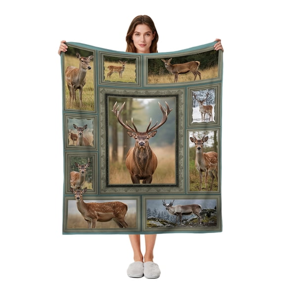 Rustic Deer Flannel Fleece Blanket, Soft Wildlife Throw for Hunters Nature Lovers, All-Season Cozy Blanket for Couch Cabin & Bed, Lightweight for Travel, Camping & Office Naps - 60"x50"