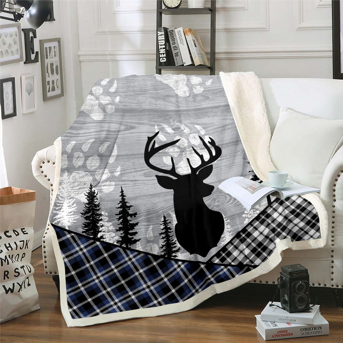 Rustic Deer Fleece Blanket Woodland Animal Patchwork Blanket 50"x60