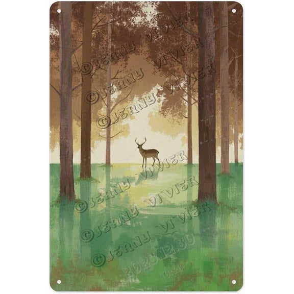 Rustic Deer in Forest Metal Wall Art Sign, Vintage Nature Landscape Aluminum Decor for Cabin, Lodge, Farmhouse, Home Porch or Living Room, 8 x 12 Inch