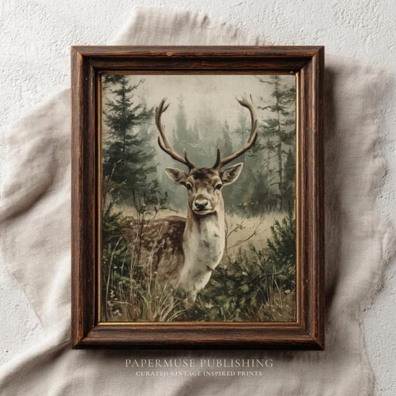 Rustic Deer In Forest Wall Art, Vintage Woodland , Neutral Winter Cabin Decor, Farmhouse Wildlife Print,, Unframed Poster Size 16x24
