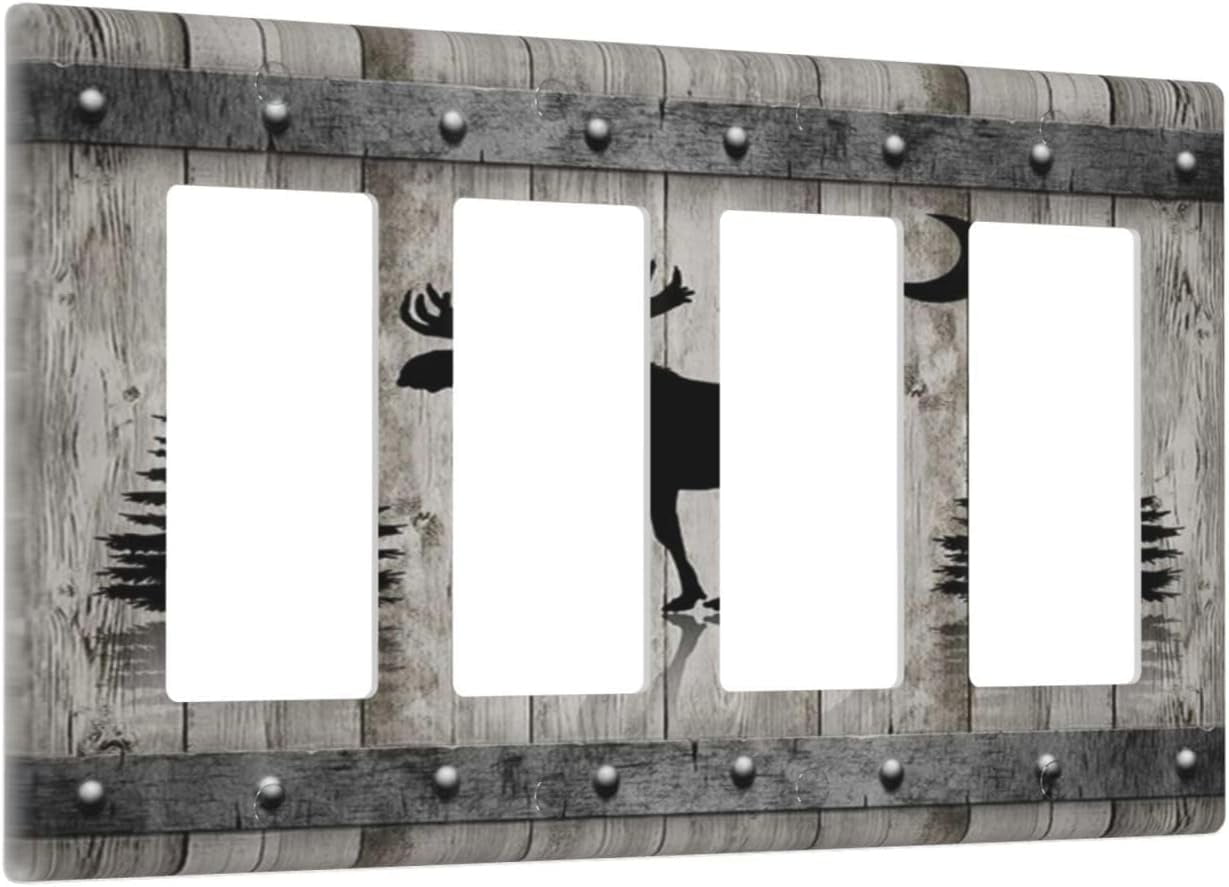 Rustic Deer Moose Forest Tree on Wood Plank 4 Gang Rocker Decora Light ...