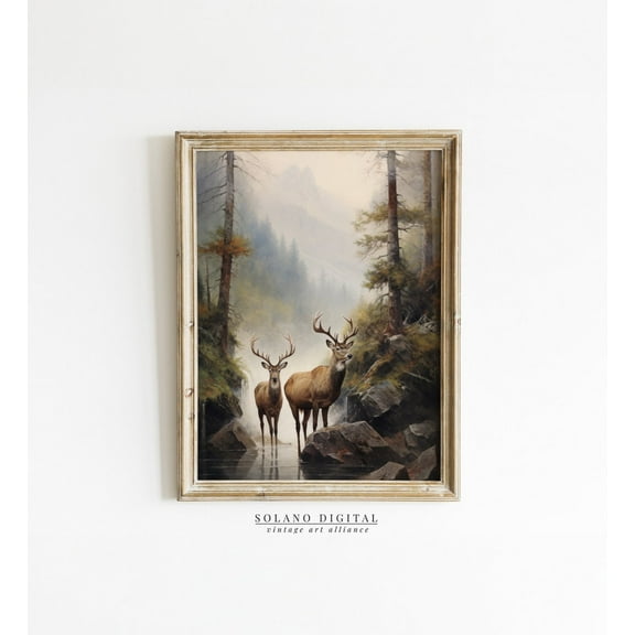 Rustic Deer Painting, Vintage Print, Landscape Painting Cabin Decor, Solano, 34 Wall Art, Modern Wall Decor, 8x12 UNFRAMED