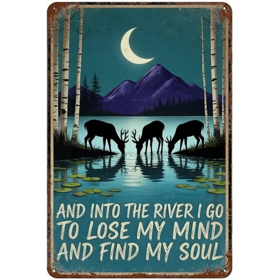 Rustic Deer River Moonlight Metal Tin Sign 8x12 Inch Retro Camping Wall Art Decorative Cabin Wilderness Plaque