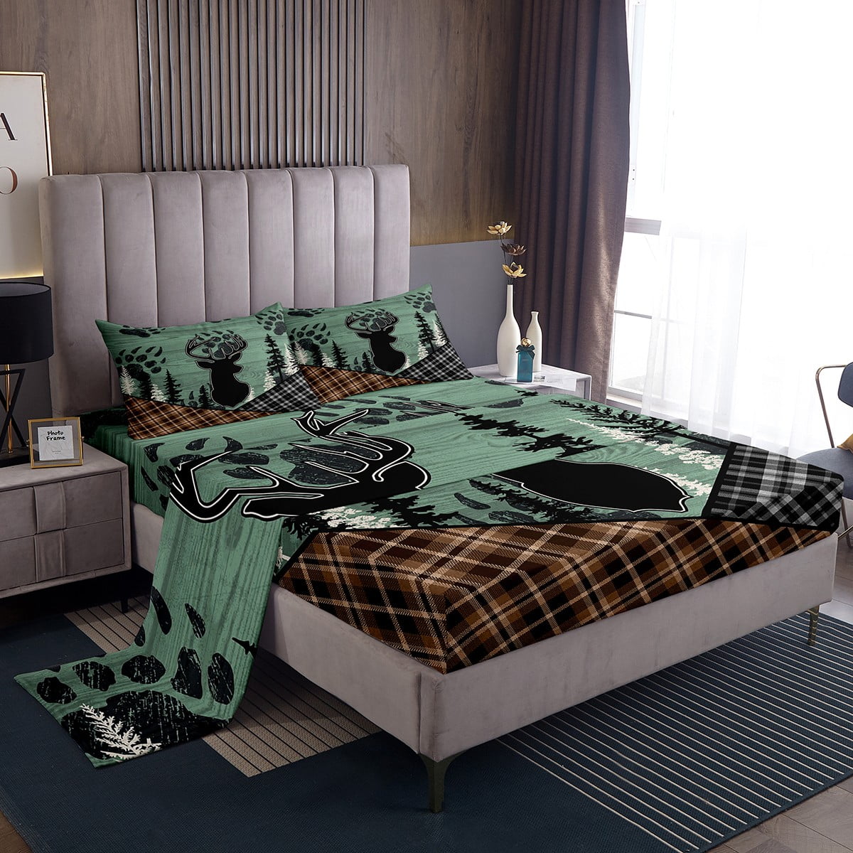 Rustic Deer Sheet Set Checkered Buffalo Plaid Sheets,Woodland Wildlife