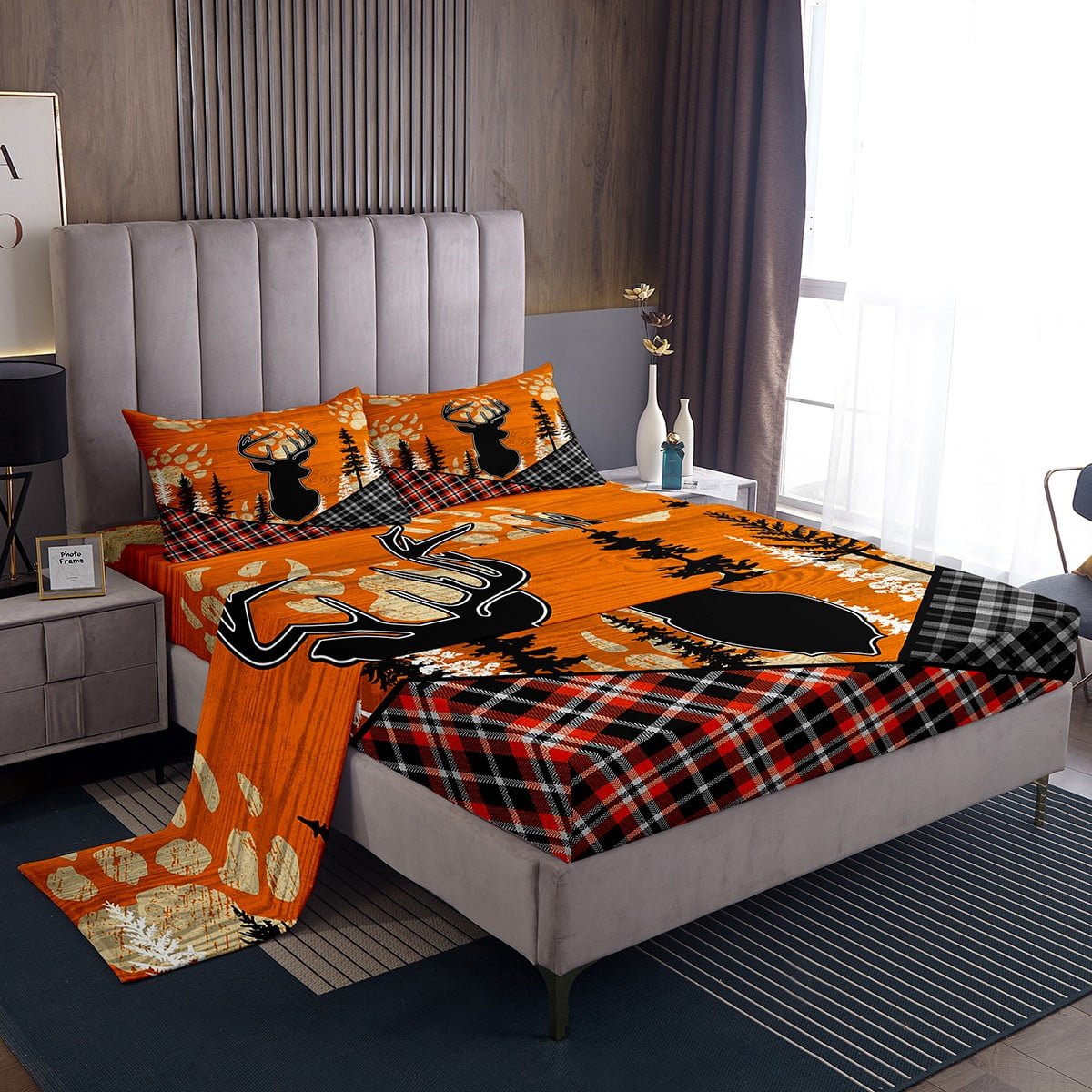 Rustic Deer Sheet Set Checkered Buffalo Plaid Sheets,Woodland Wildlife
