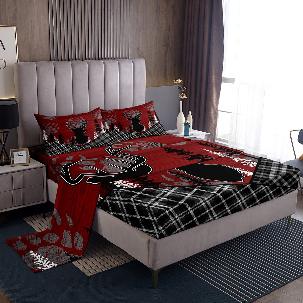 Rustic Deer Sheet Set Checkered Buffalo Plaid Sheets,Woodland Wildlife